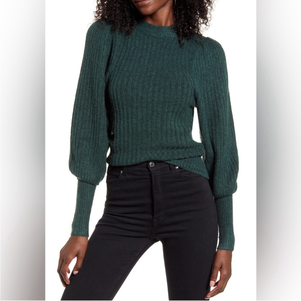 Leith green puffer sleeve sweater